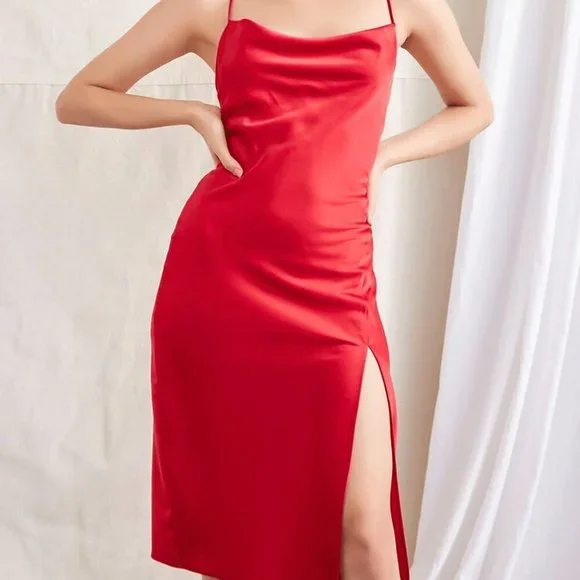 forever 21 red satin dress Forever 21 NWT Forever 21 Red Side Slit Body Con Dress Glam M Holiday